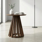 DUOMAY Modern Solid Wood Round Side Table with Geometric Base, Wood Accent End Table Center Table for Living Room, Bedroom, Lounge, Office, Walnut