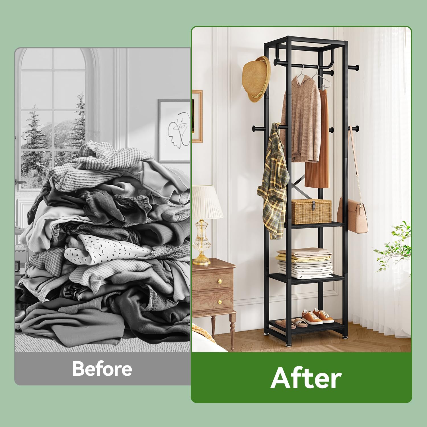 IBUYKE Freestanding Coat Rack,with 3 Shelves and 8 Hooks,Black UTMJ088B | Metal Frame,Industrial Hall Tree,Clothes Stand for Entryway, Hallway, Bedroom,Office, Living Room