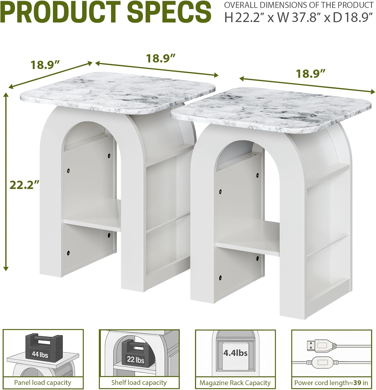 Small End Tables Living Room Set of 2 for Small Spaces,19" Marble Top Nightstand with RGB Strip, Side Table with Storage Shelf