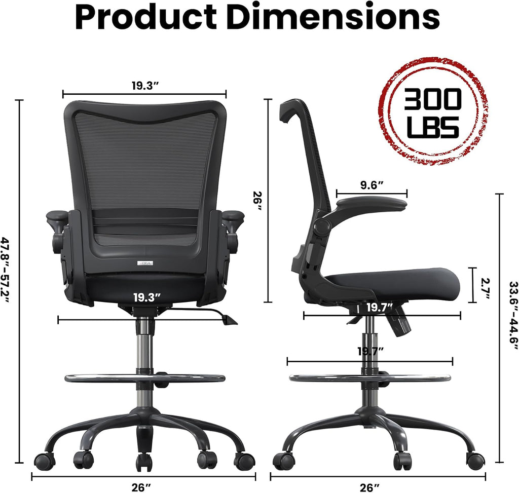 Drafting Chair Tall Office Chair for Standing Desk with Up & Down Flip-Up Armrest, 9” Adjustable Height High Desk Chair with Footrest Ring, 120° Recline Mesh Ergonomic Chair, 300 lbs