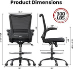 Drafting Chair Tall Office Chair for Standing Desk with Up & Down Flip-Up Armrest, 9” Adjustable Height High Desk Chair with Footrest Ring, 120° Recline Mesh Ergonomic Chair, 300 lbs