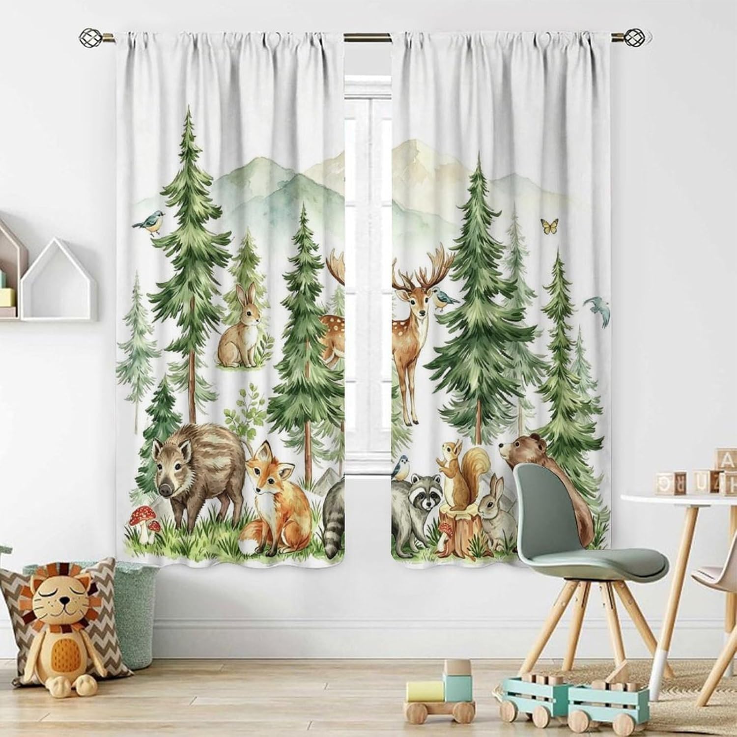 Woodland Curtains Nursery Wildlife Theme, Rustic Watercolor Forest Animal Hedgehog, Rabbit, Fox, and Deer Print, Blackout Window Drapes for Baby Girls Boys Bedroom Living Room, 2 Panels W42xL45 Inch