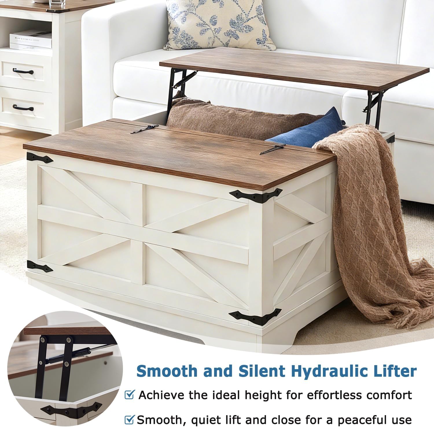 Farmhouse Coffee Table Set of 3, Lift Top Coffee Table with Sliding Barn Doors and End Tables Set of 2 with Charging Station, Living Room Table Set for Home Office, White
