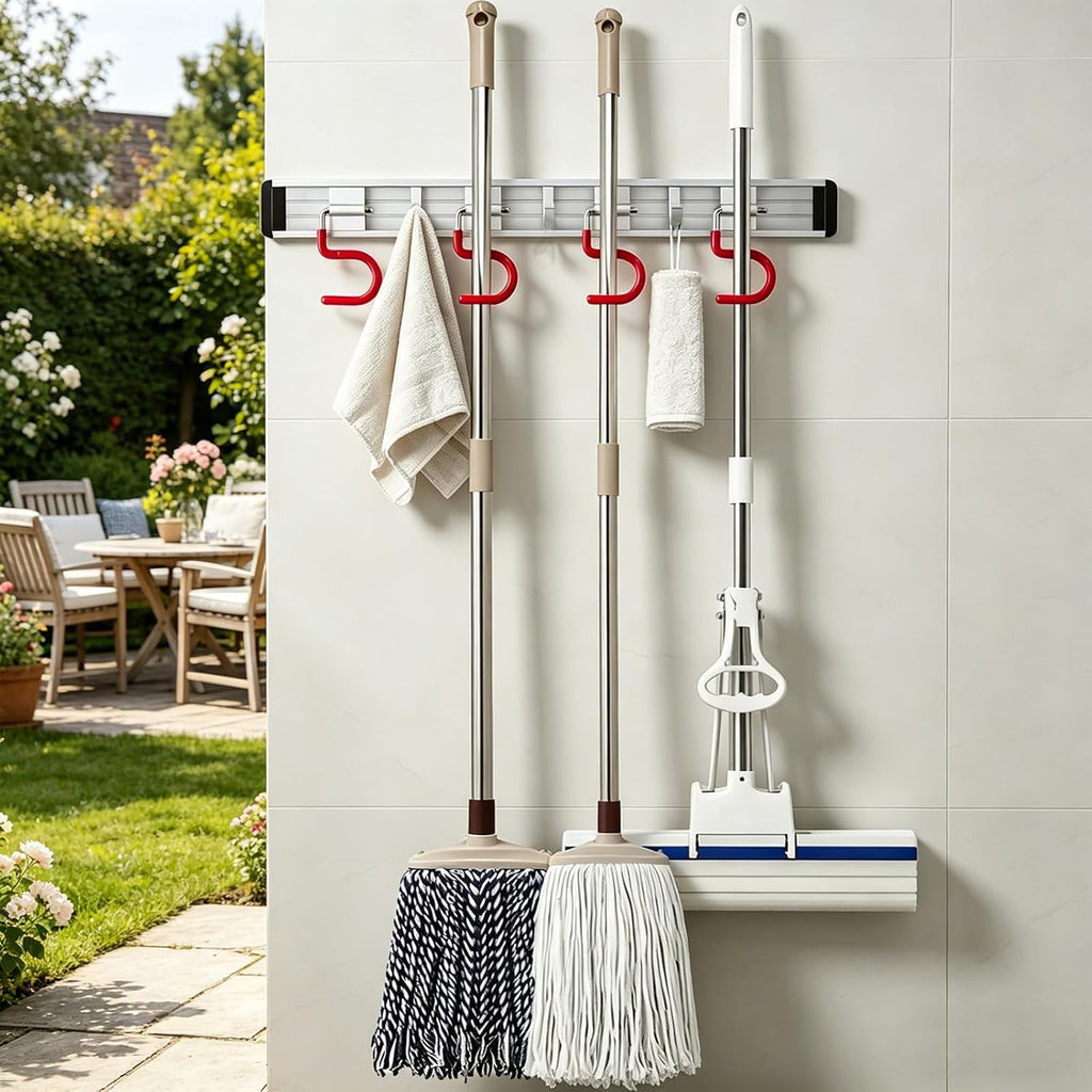 Wall Mounted Mop and Broom Holder Stainless Steel S Type Broom Rack Anti-Slip Mop Organizer (17 Inches,4 Positions 3 Hooks, Red White)