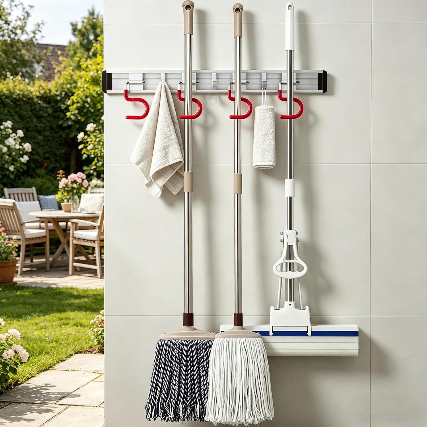 Wall Mounted Mop and Broom Holder Stainless Steel S Type Broom Rack Anti-Slip Mop Organizer (17 Inches,4 Positions 3 Hooks, Red White)