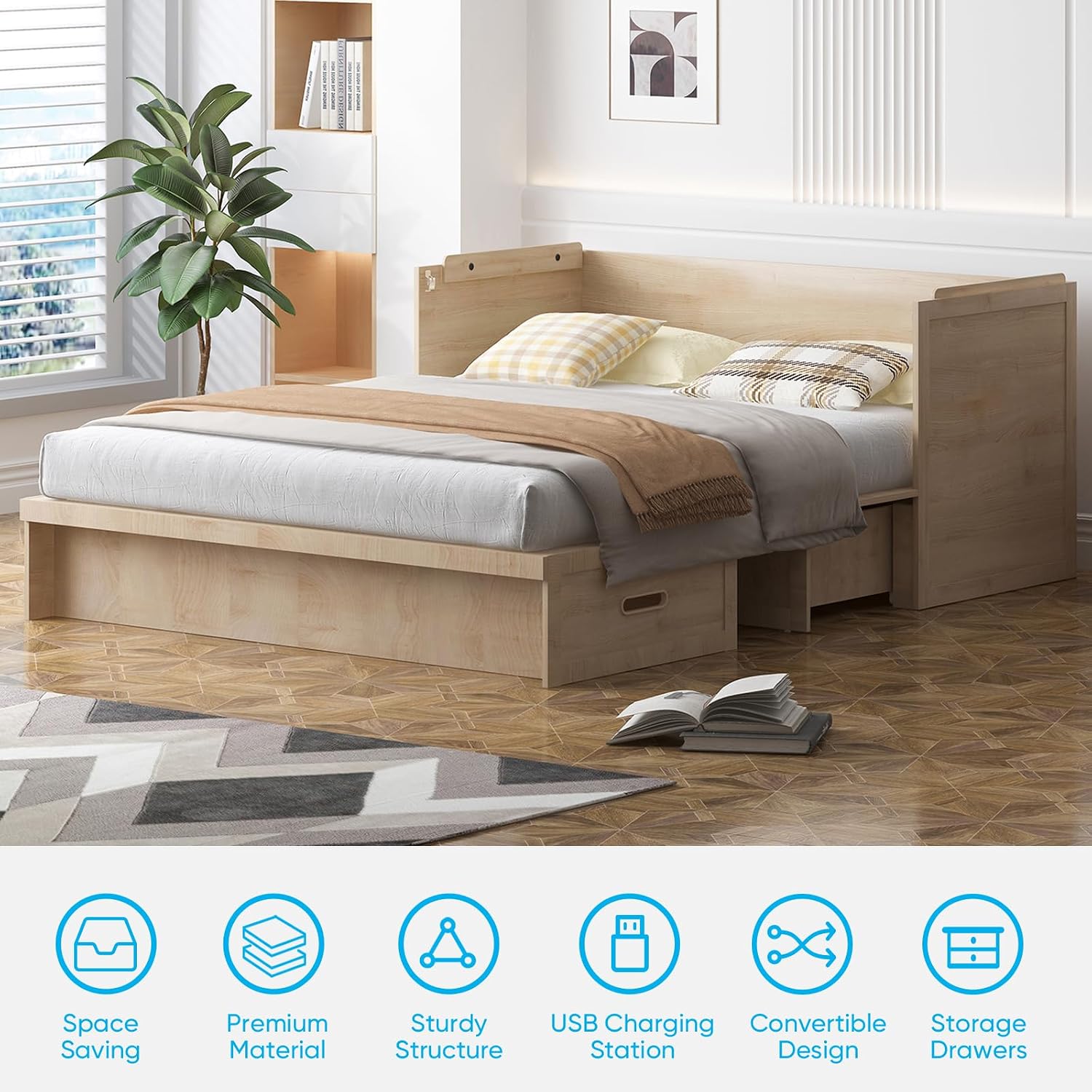 Mjkone Murphy Bed with Tri-Folding Mattress, Queen Hidden Cabinet Bed with Built-in USB Charging Station and 2 Storage Drawers, Foldable Wall Cabinet Beds for Living Room, Natural Wood Color