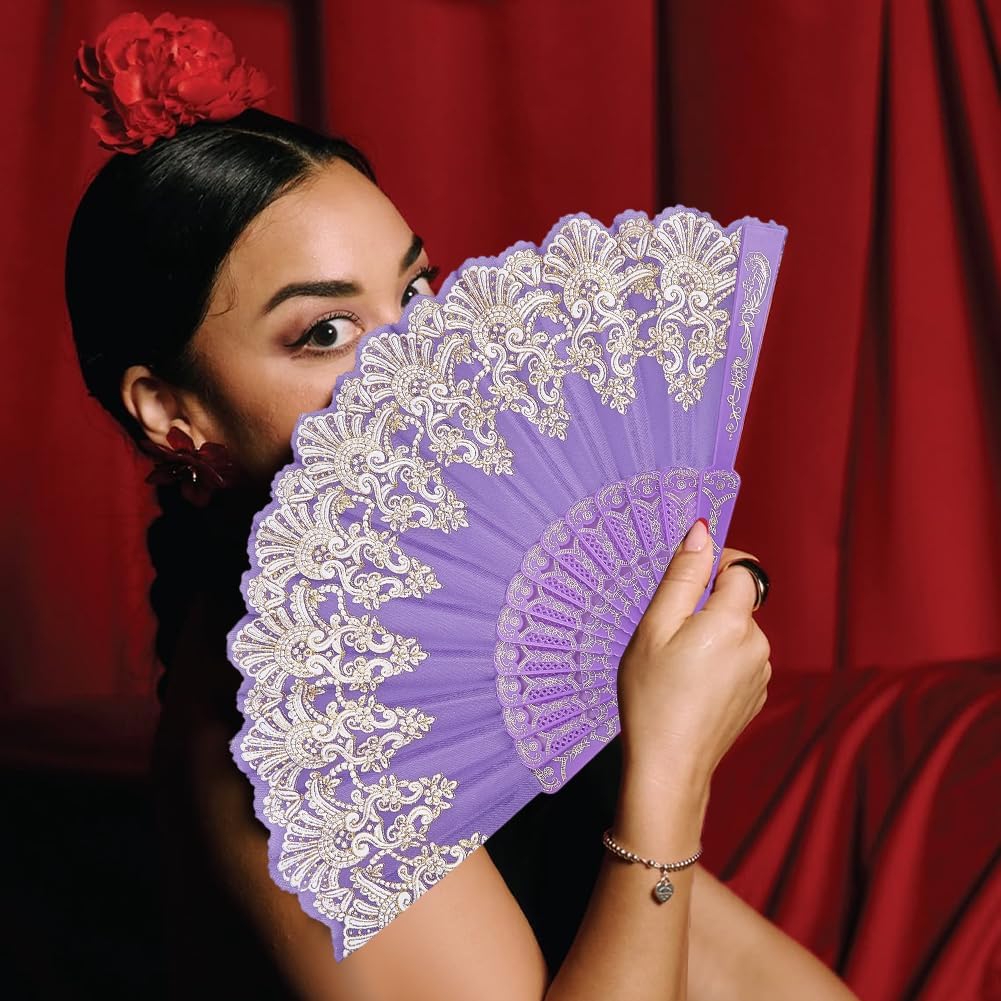 CREATCABIN Blue Violet Handheld Folding Fan for Women Foldable Chinese Japanese Vintage Fan Plastic Embroidered Flower Flapper Hand for Party Wedding Church Dancing Show Decoration 23x42cm