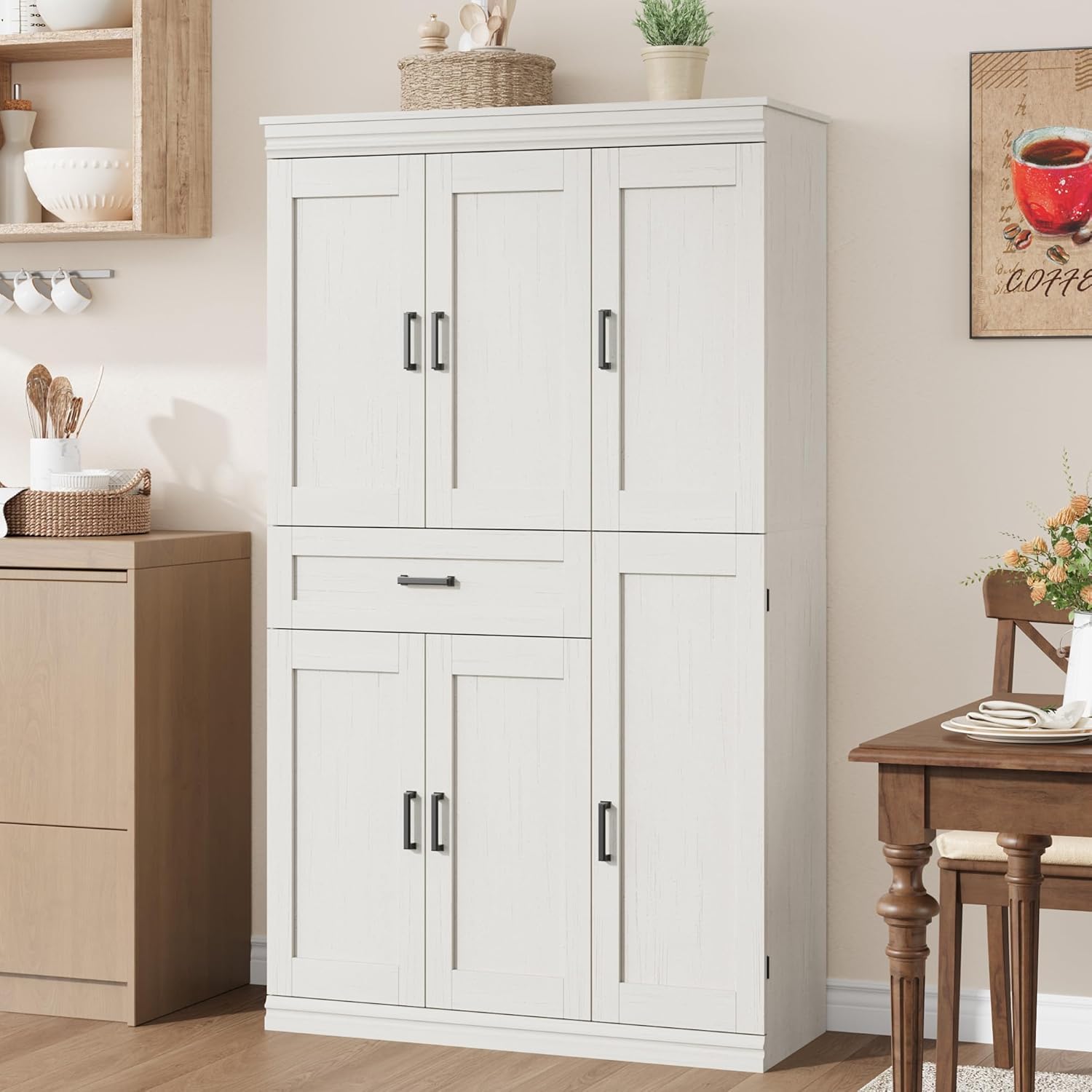 Garvee 70" Tall Kitchen Pantry Storage Cabinet, Modern Kitchen Hutch Cabinet with Doors and Shelves, Freestanding Food Pantry with Large Storage Drawer for Dining Room and Household Organization