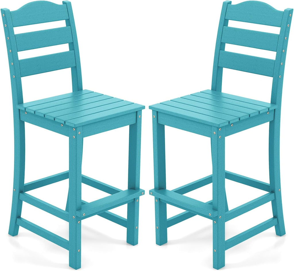Giantex Outdoor HDPE Bar Stool, Patio Tall Bar Chair with Backrest and Footrest, 30 Inches Counter Height Barstools for Garden, Backyard, Weather Resistance, Easy Maintenance(2, Turquoise)