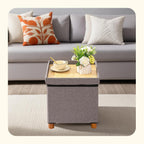 PINPLUS Storage Ottoman Cube, White Linen Footrest with Wooden Legs, Foldable Fabric Footrest, Comfortable Seat with Lid, Ottoman with Storage for Living Room, 15" x 15" x 15"，Grey