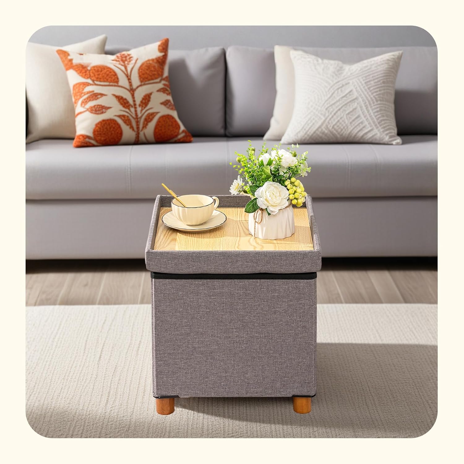 PINPLUS Storage Ottoman Cube, White Linen Footrest with Wooden Legs, Foldable Fabric Footrest, Comfortable Seat with Lid, Ottoman with Storage for Living Room, 15" x 15" x 15"，Grey