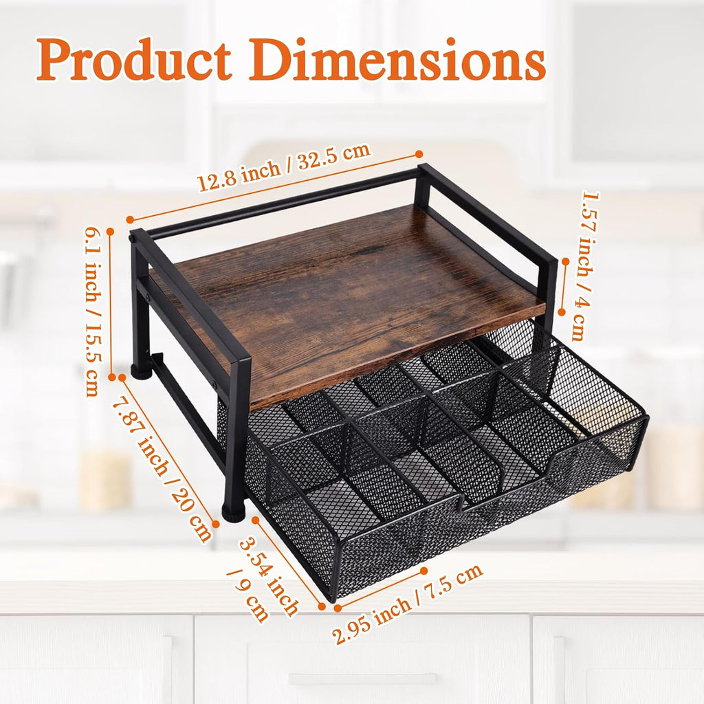 Tea Bag Organizer, Wooden Tea Storage Box with Metal Drawer, 8-Compartment Tea Bag Holder, Tea Station Display Case for Countertop Kitchen, Office, Pantry