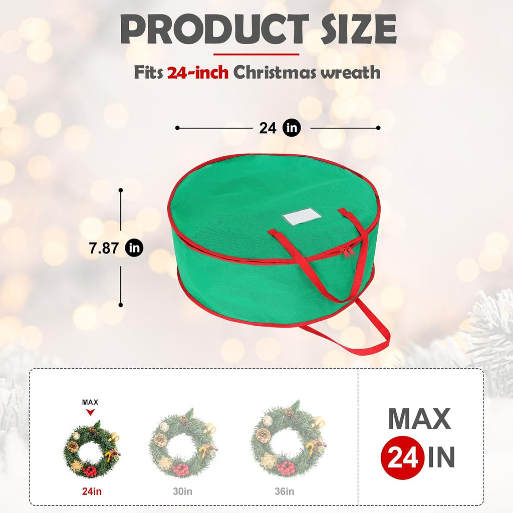 2 Pack Christmas Wreath Storage Container Bag 24", Card Slot Durable Handles and Double Zipper Storage Containers and to Protect Artificial Garland - Green