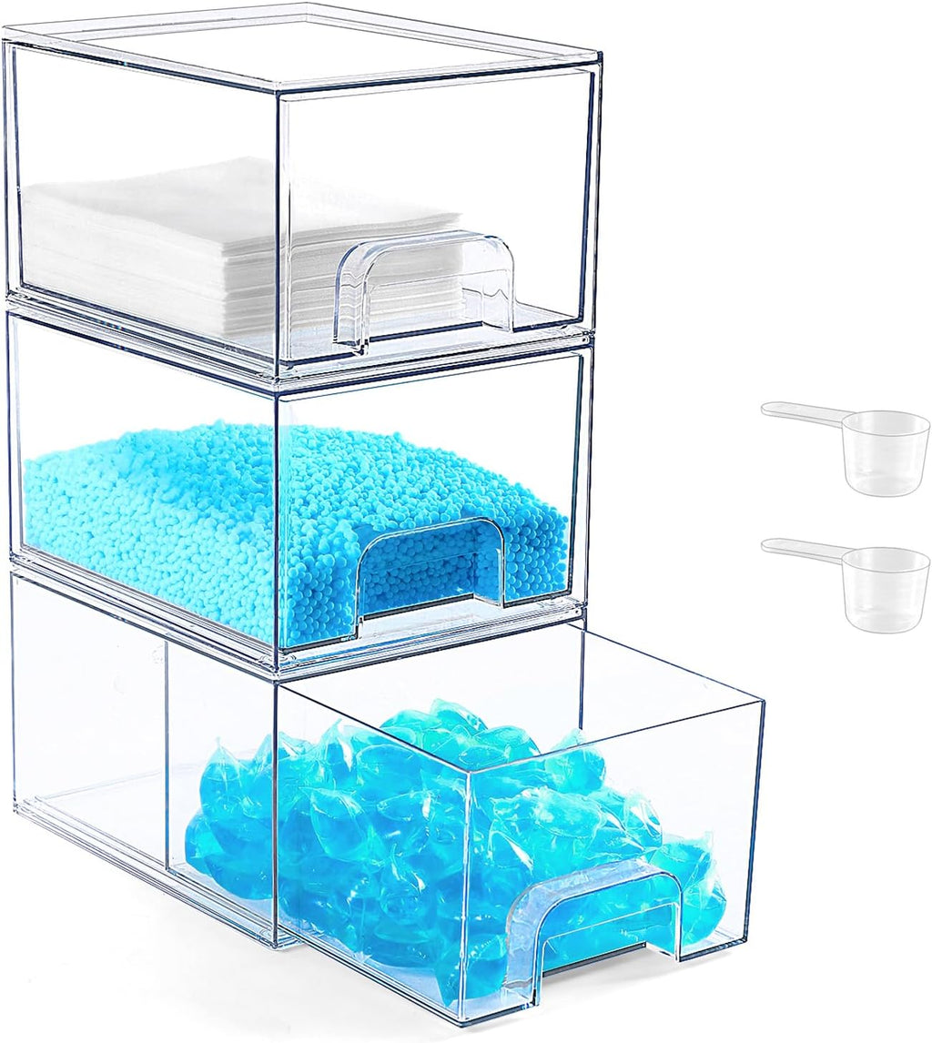 Laundry Pods Container and Laundry Detergent Powder Container Set, Dishwasher Pods Holder Set, Dryer Sheet Holder, Laundry Room Organization and Storage for Booster Beads, 3 PACK