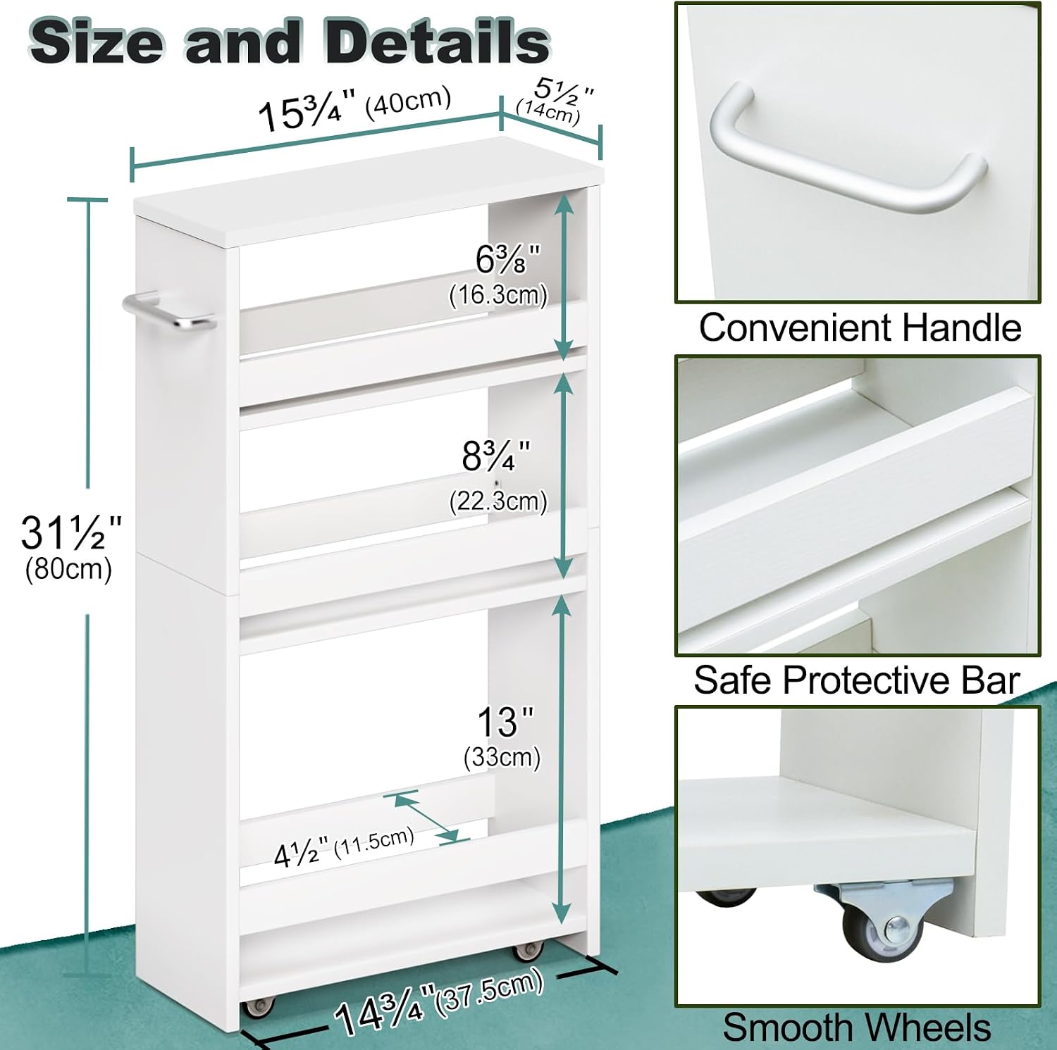 MARTY White Slim Storage Cart with Wheels, 4 Tier Rolling Utility Cart with Handle Slide Out Shelving Unit Organizer Trolley for Laundry Kitchen Bathroom Narrow Places Small Corner
