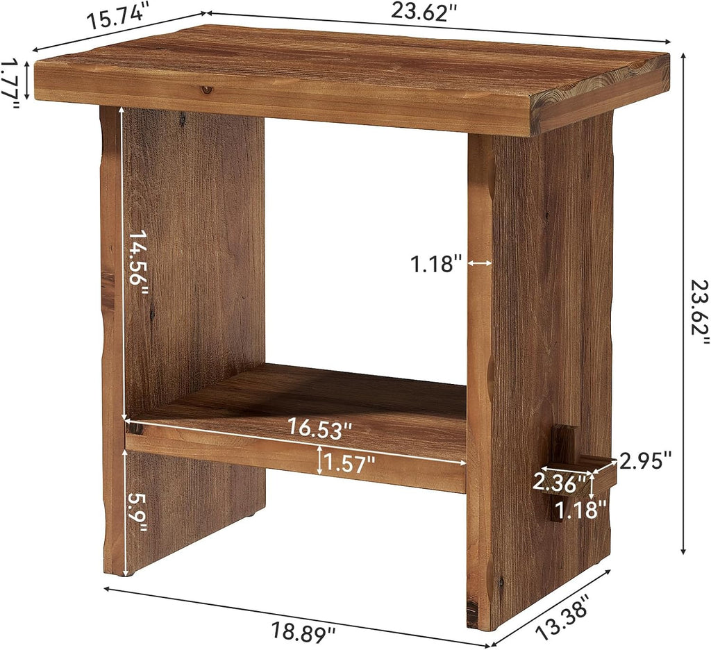 Solid Wood Side Table, 2-Tier End Table with Solid Base, Accent Furniture Bedside Nightstand Storage for Living Room and Bedroom, Small Spaces, Assembly Required