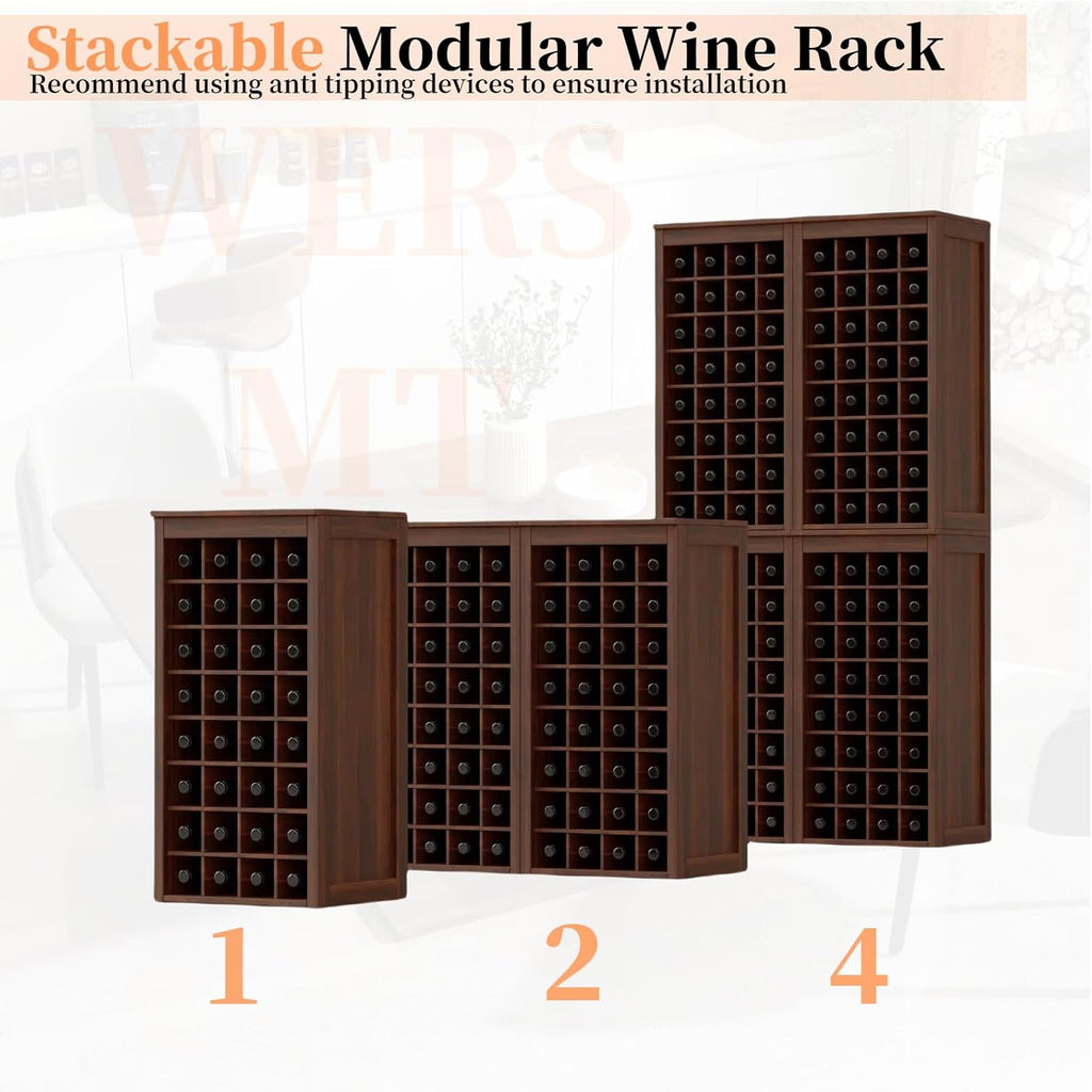 WERSMT 8-Tier Freestanding Wine Rack Wood, 32 Bottles Wine Rack Counter for Small Space, Farmhouse Stackable Modular Wine Bottle Holder Rack, Walnut