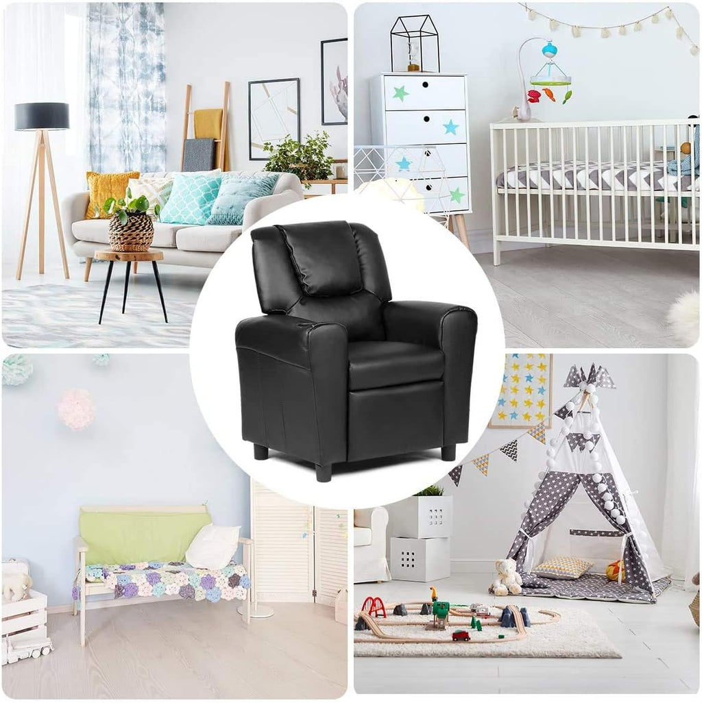 ARLIME Kids Recliner Chair, Toddler Armchair Upholstered Couch with Cup Holder, Backrest, Baby Leather Sofa with Headrest and Footrest, Child Furniture for Ages 2-7 (Black)