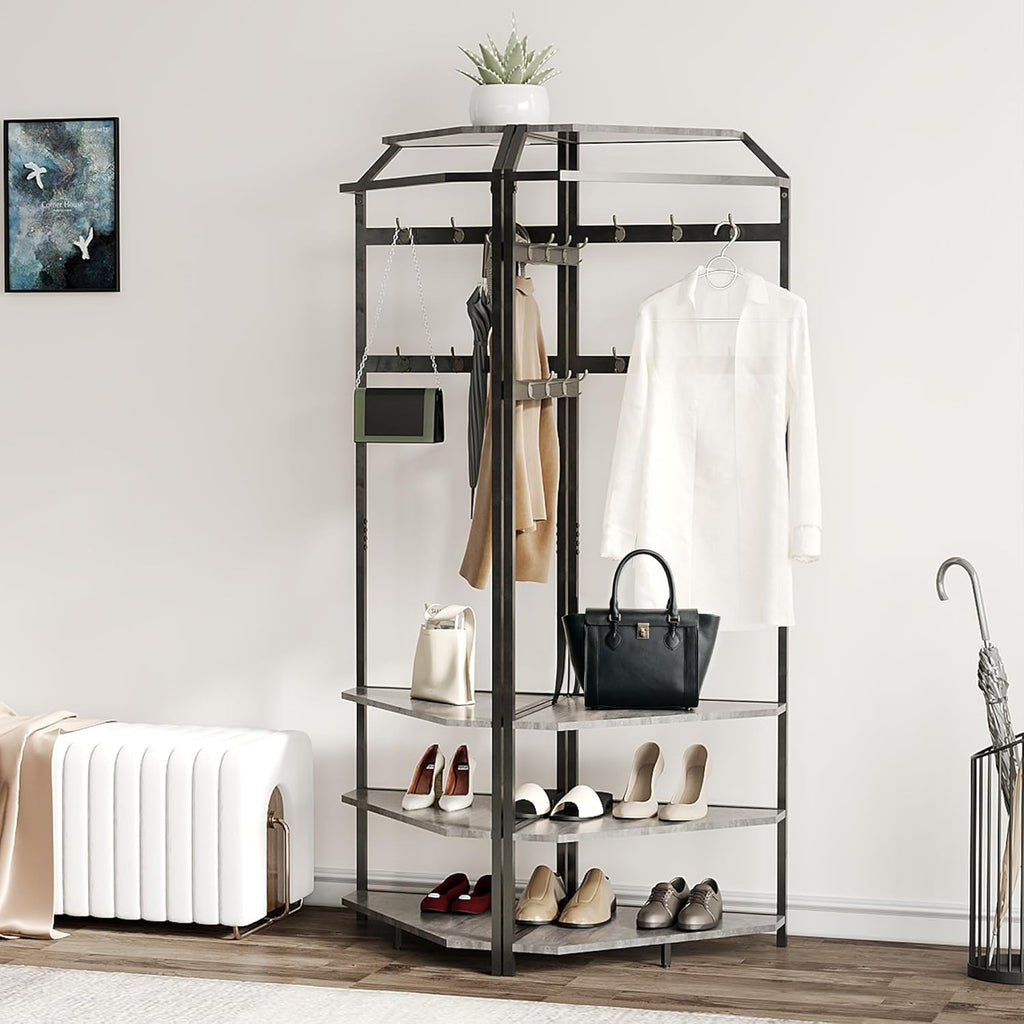 Takywep Corner Hall Tree Coat Rack with Shoe Bench, Entryway Coat Rack 12 Double Hooks & Top Storage Shelf, Freestanding Clothes Rack Shoes Shelf Organizer for Home Office Bedroom Closet, Grey