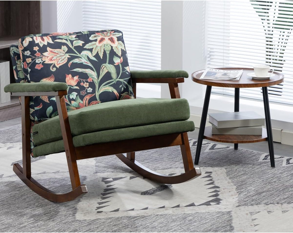 Rocking Chair for Nursery, Mid Century Modern Accent Chair with Comfort Backrest and Cushion, Cozy Reading Chair with Solid Rubberwood Frame for Living Room, Bedroom and Sunroom