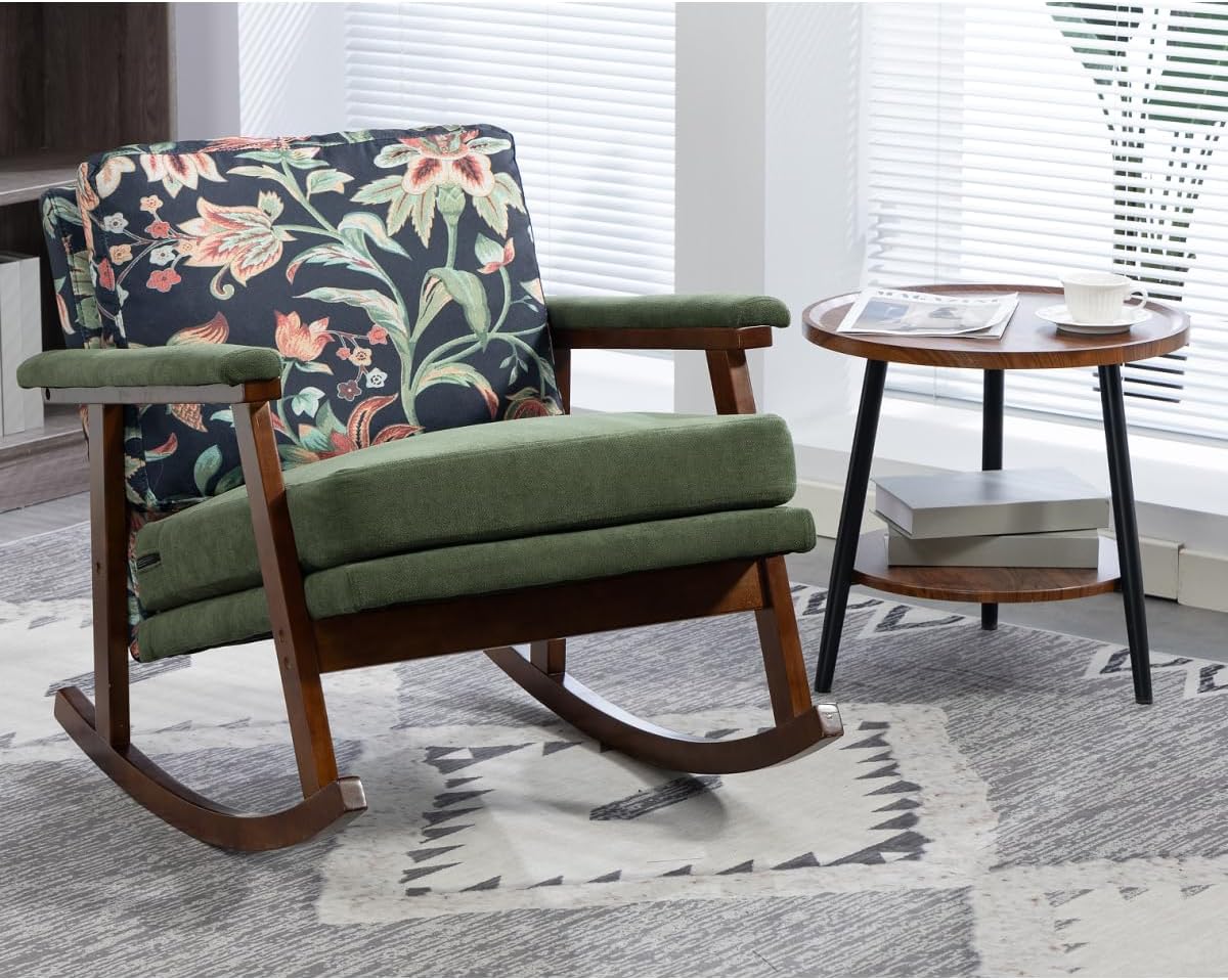 Rocking Chair for Nursery, Mid Century Modern Accent Chair with Comfort Backrest and Cushion, Cozy Reading Chair with Solid Rubberwood Frame for Living Room, Bedroom and Sunroom