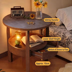 2-Tier Solid Wood End Table with Drawer,Vintage End Table with Storage,Round Side Tables,Natural Solid Wood Nightstand,Mid-Century Modern End Tables for Living Room,Bedroom,Brown,19.6in