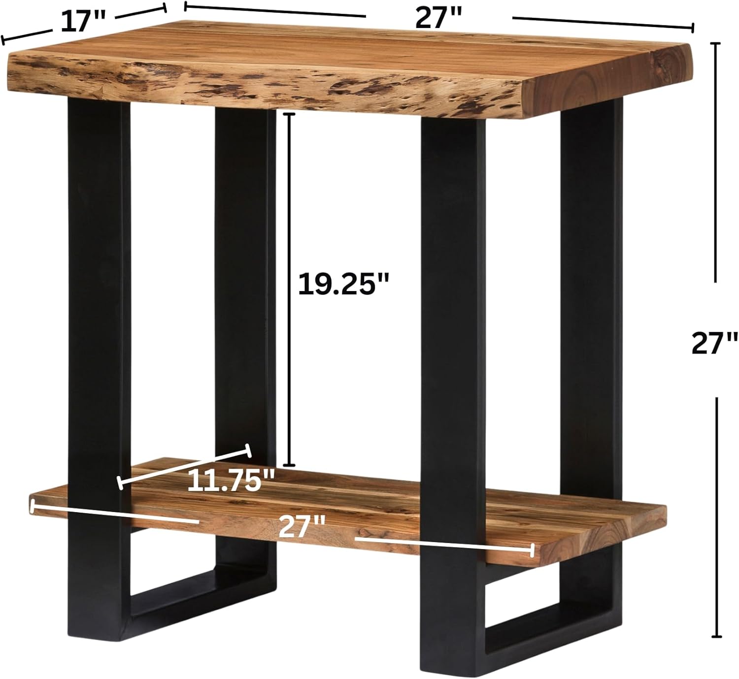 Alaterre Furniture Alpine Live Edge Modern End Table Set of 2-2-Tier Narrow Side Table Set with Open Storage Shelf - Solid Wood and Metal Modern Nightstands for Living Room or Bedroom (Natural)