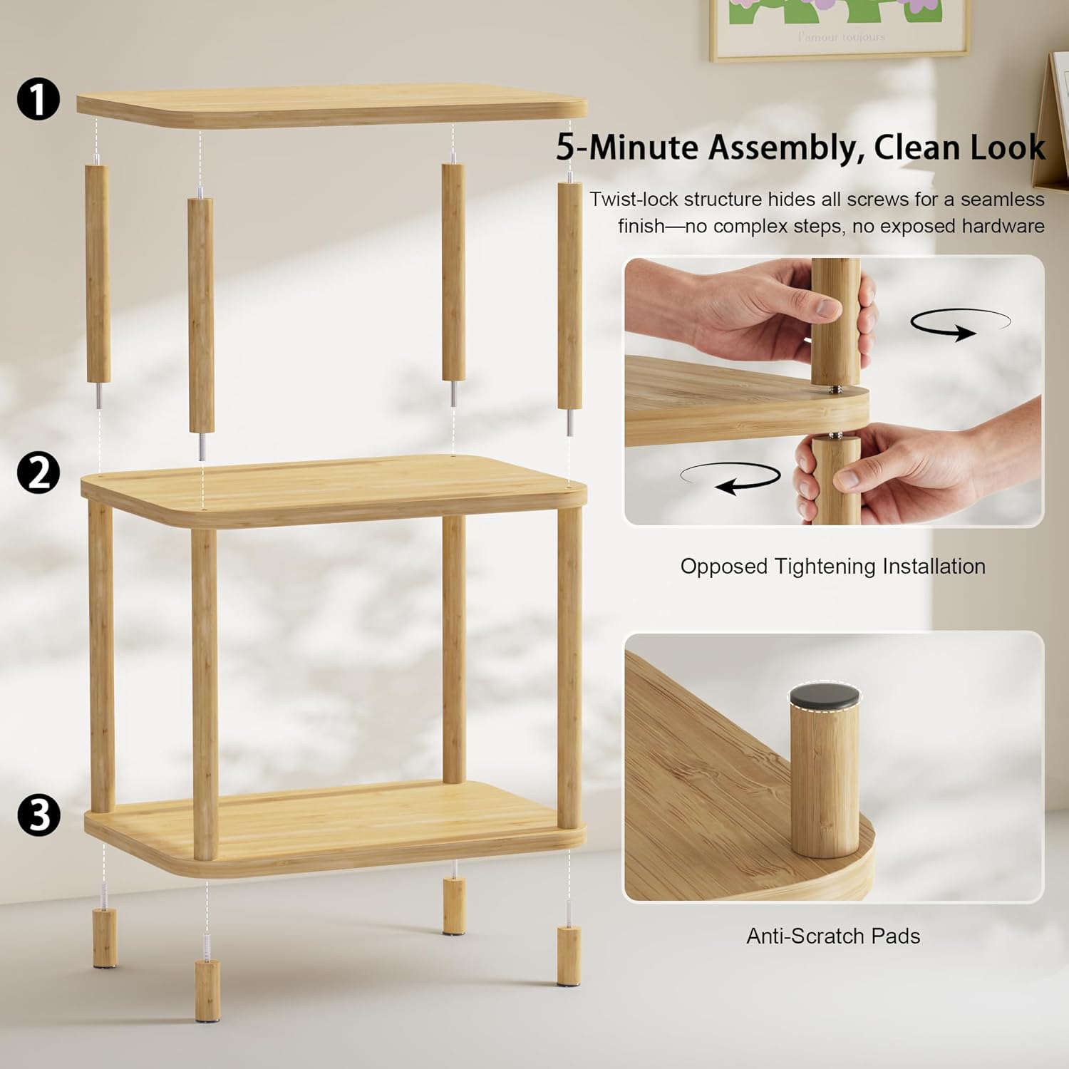 Bamboo End Table, Side Table for Small Space with Storage Shelf, Small Table Stand, Narrow Wooden Bedside Table Nightstand, Toolless Assembly, for Nursery, Living Room, Bedroom, Natural