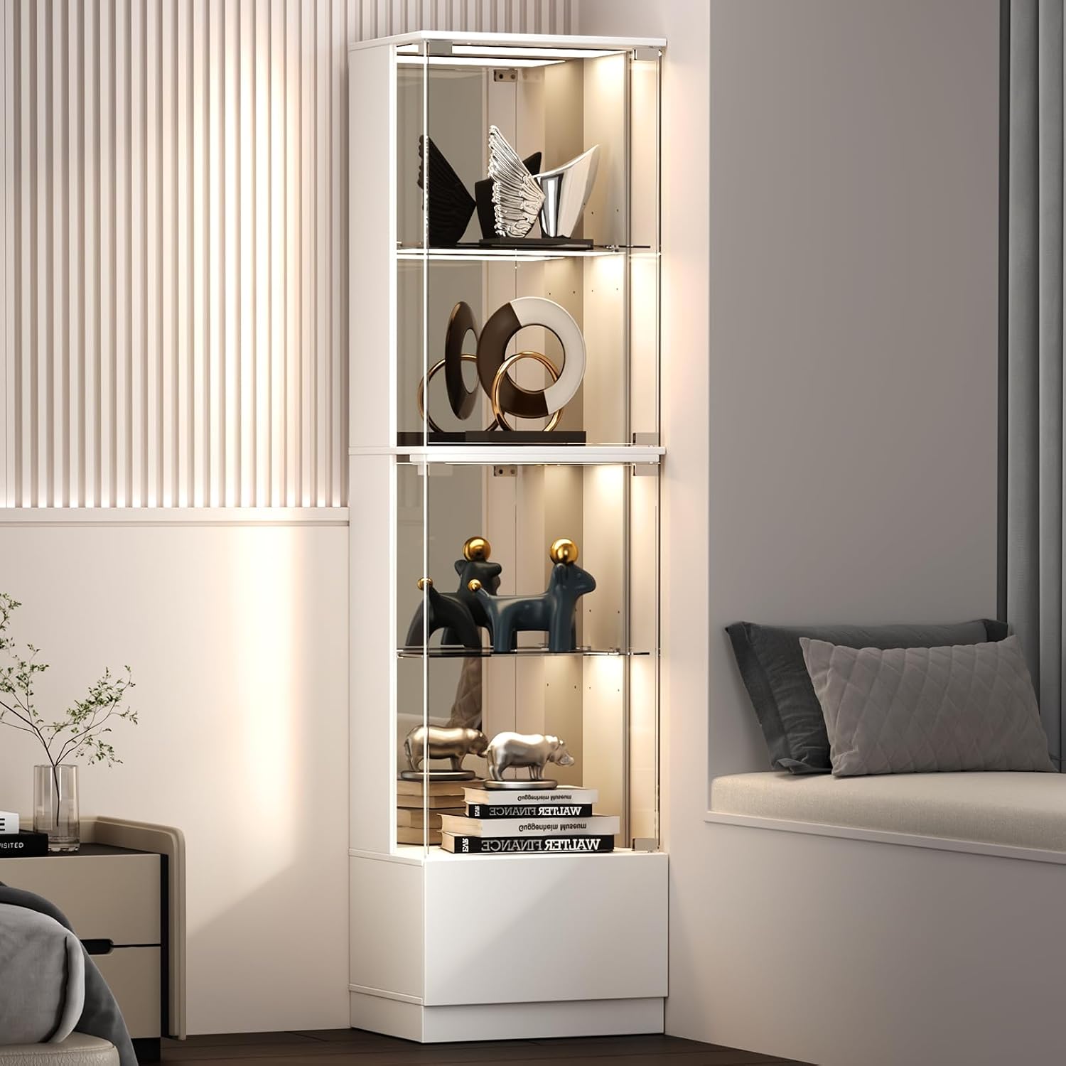 VersionTECH. Glass Display Cabinet, 4-Tier Curio Cabinet with RGB Lights for Collectibles, Corner Display Case with Drawers, Adjustable Glass Shelves, Human Body Sensor, Mirror Backing, White