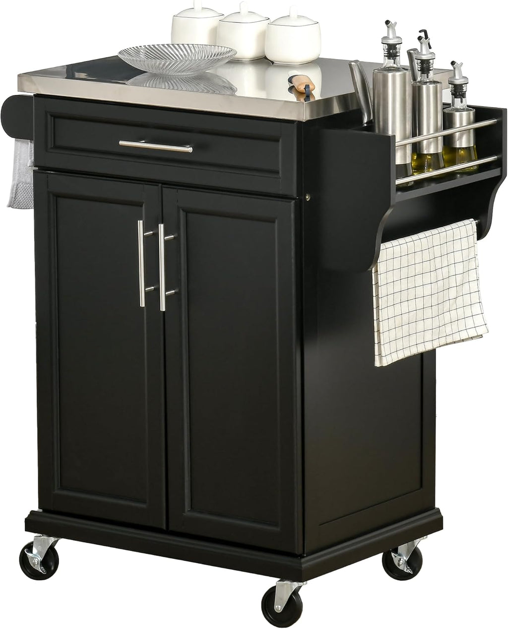 HOMCOM Kitchen Island on Wheels, Rolling Kitchen Cart with Stainless Steel Countertop, Drawer, Towel Rack and Spice Rack, Utility Storage Trolley, Black