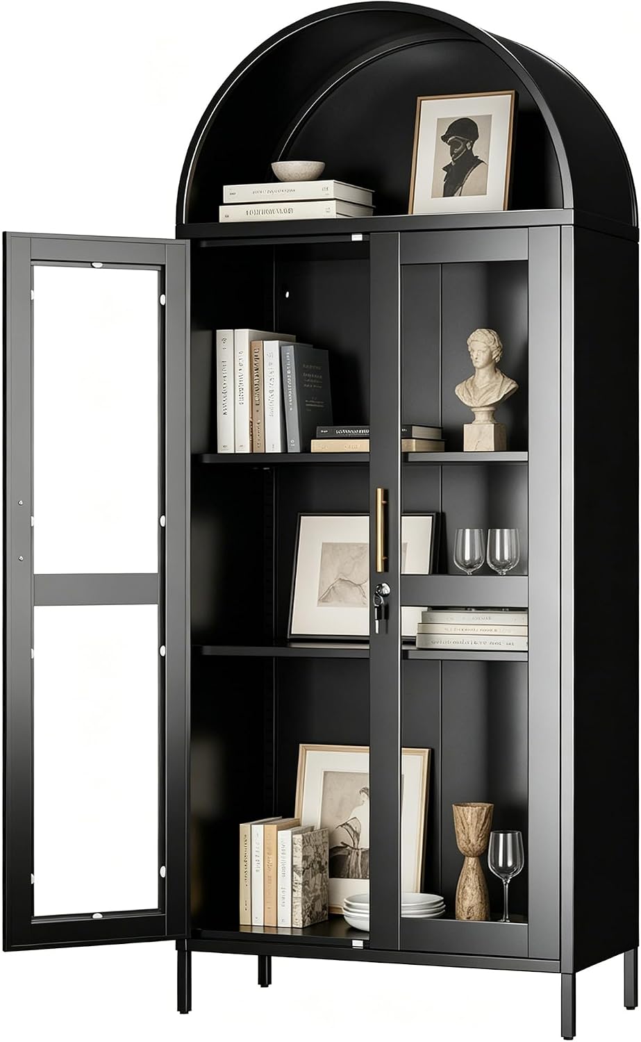 72.8" Tall Display Cabinet with Glass Doors, Metal Arched Cabinet with 2 Adjustable Shelves & Lock, Freestanding Curio Storage Cabinet for Home, Assembly Required, Black