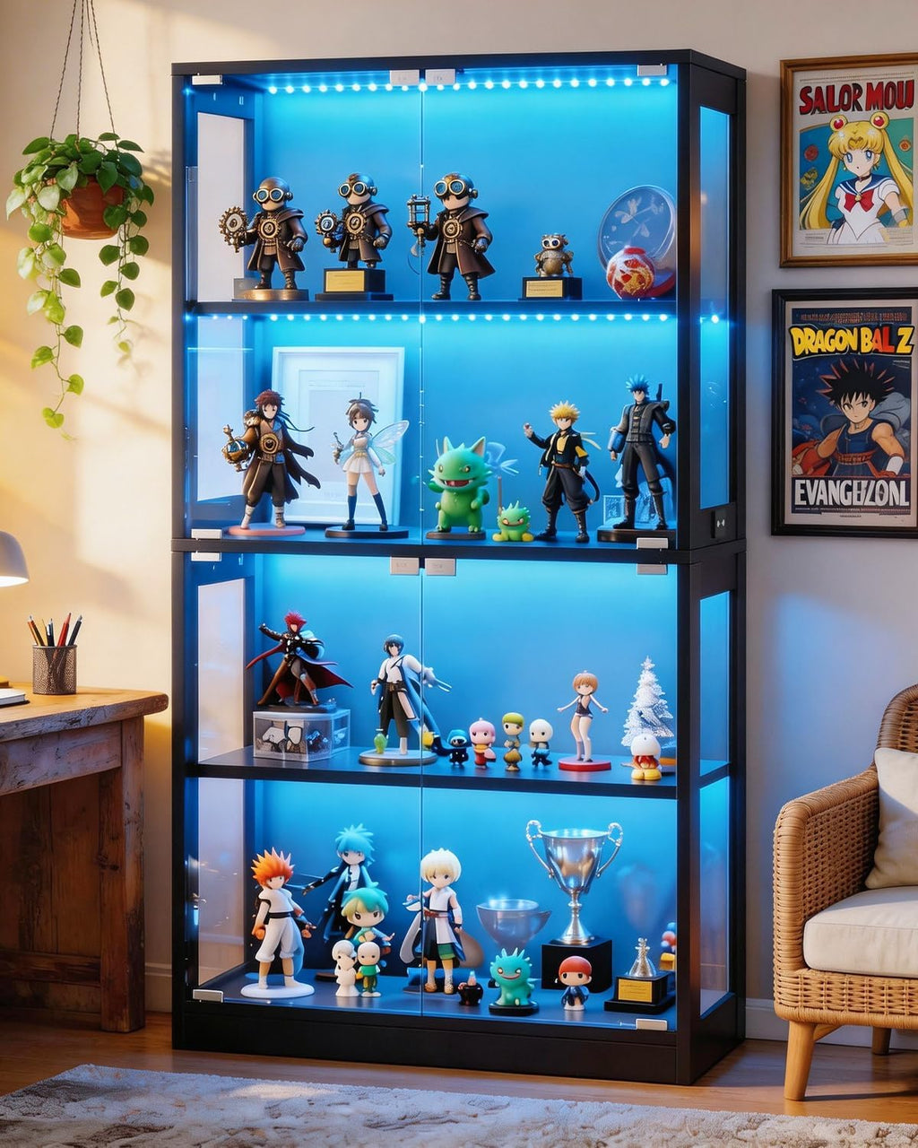 Airynee Display Cabinet with Glass Doors, 4-Tier Curio Cabinet with 7 Vibrant 3 Color Dynamic Lighting Modes, HD Glass Display Case with Human Body Sensor, Bookcase, Storage Cabinets