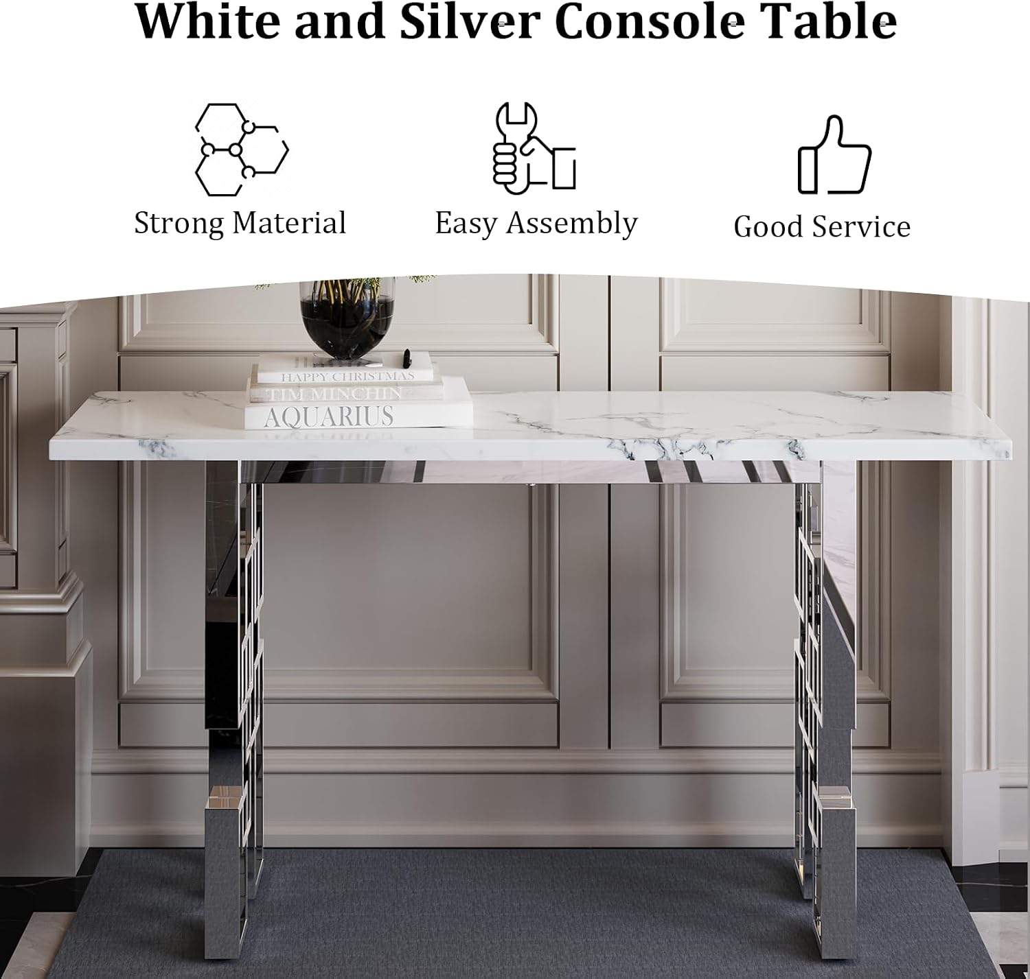 AUZ 55" White and Silver Console Table, Luxury Living Room Sofa Table, Modern Rectangle Console Table for Entryway, Living Room, Office, Foyer, Front Hall, Hallway