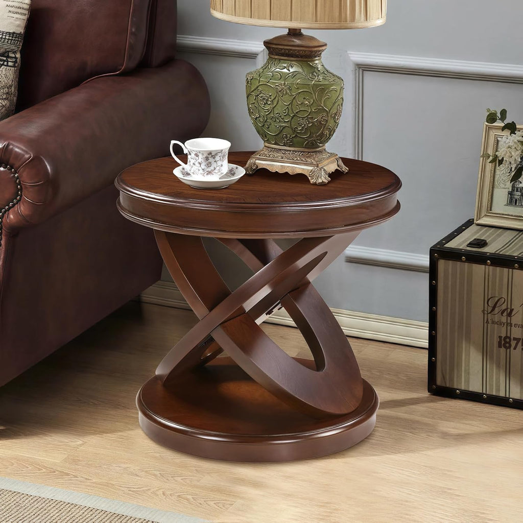 Round End Table 22 Inch with Solid Wood Veneer, Vintage Small Side Tables with Round Base, X-Design Accent Table Decor for Living Room/Small Space/Bedroom, Walnut
