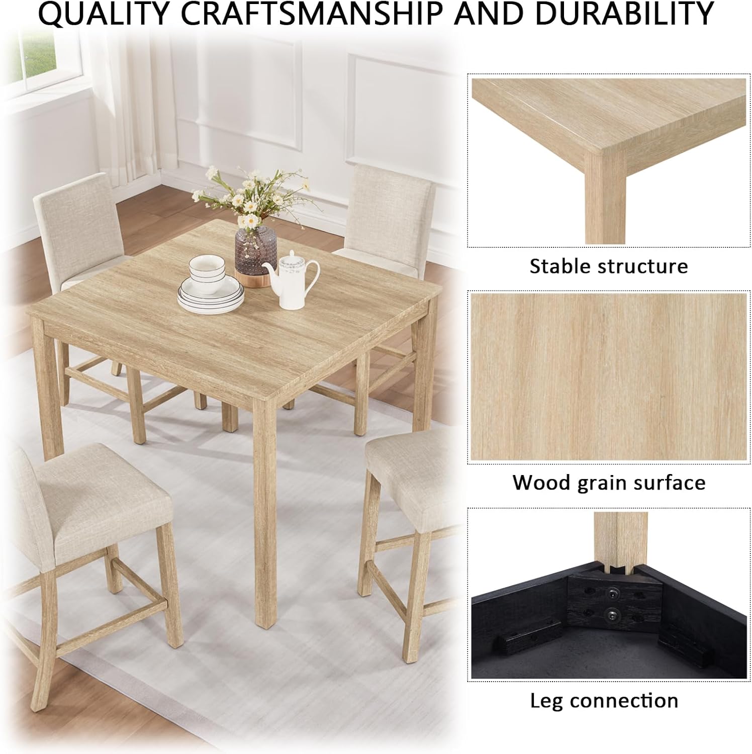 Harper & Bright Designs 5-Piece Counter Height Table Set with 4 Chairs, Wooden Light Oak Kitchen Dining Set for Small Spaces, Modern Square Counter Height Table and Upholstered Stools for Dining Room