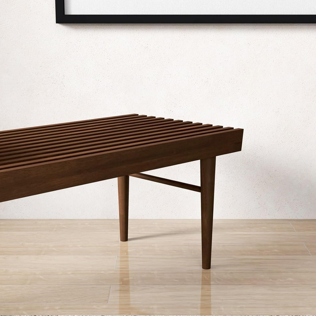 Mid Century Modern Solid Wood Bench with Natural Walnut Stain Finish 15.5'' H x 47.2'' W x 18.1'' D for Living Room, Hallway, Bedroom, Bathroom