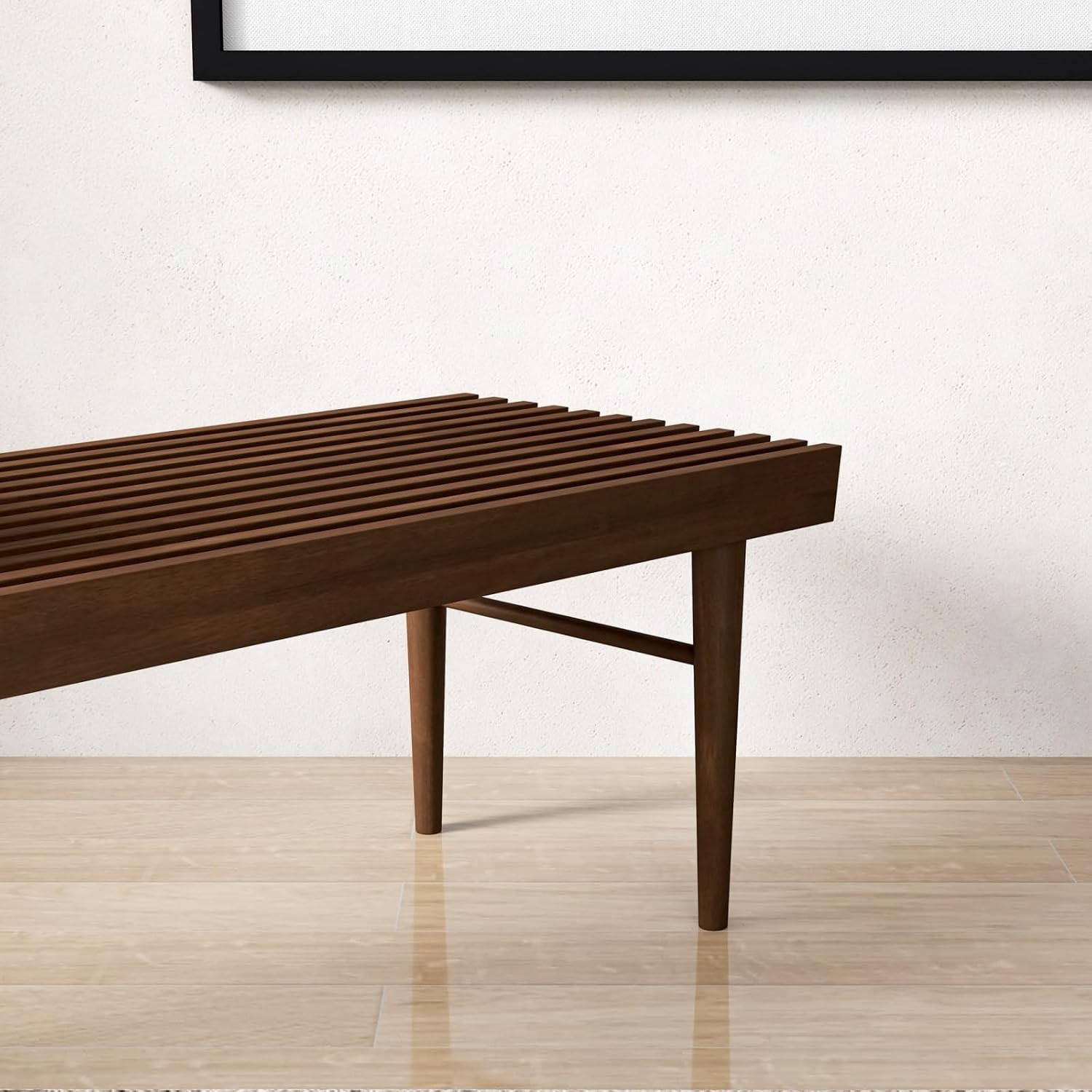 Mid Century Modern Solid Wood Bench with Natural Walnut Stain Finish 15.5'' H x 47.2'' W x 18.1'' D for Living Room, Hallway, Bedroom, Bathroom