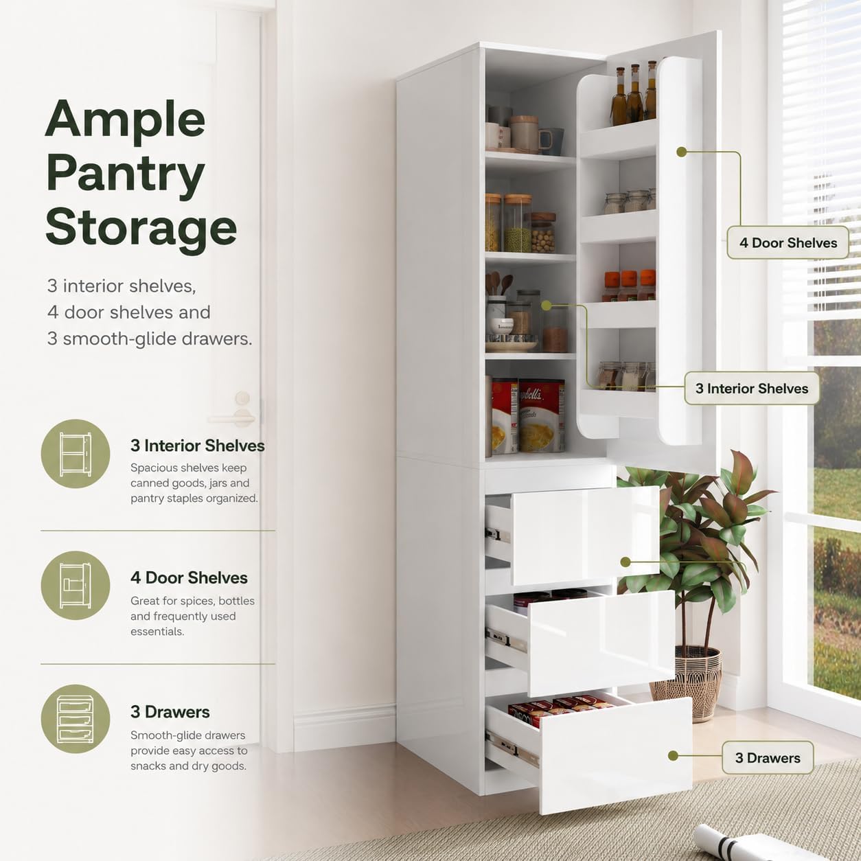 Kitchen Pantry Cabinet, 70.9" Tall Pantry Storage Cabinet with Doors, 3 Drawers, Shelves and Right-Side Door Racks, Freestanding Kitchen Storage Cabinet for Kitchen and Home, White