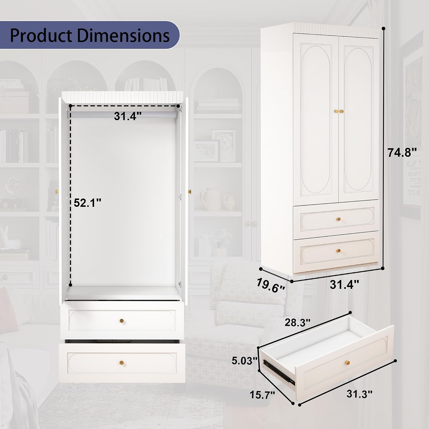 Bedroom Armoire Wardrobe Closet, 75" Tall Wardrobes Closet with 2 Drawers and 2 Doors, Wooden Clothes Cabinets for Bedroom Armoires with Hanging Rod (4-Drawers, 63")