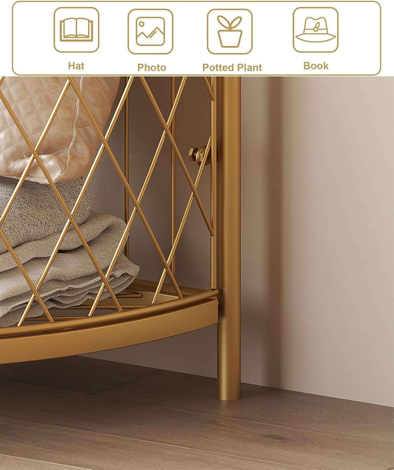 HKaikzo Corner Coat Rack, Gold Clothes Rack with 6 Metal Movable Hooks and Storage Basket Hall Tree Design Clothing Rack for Bedroom Entryway Hallway