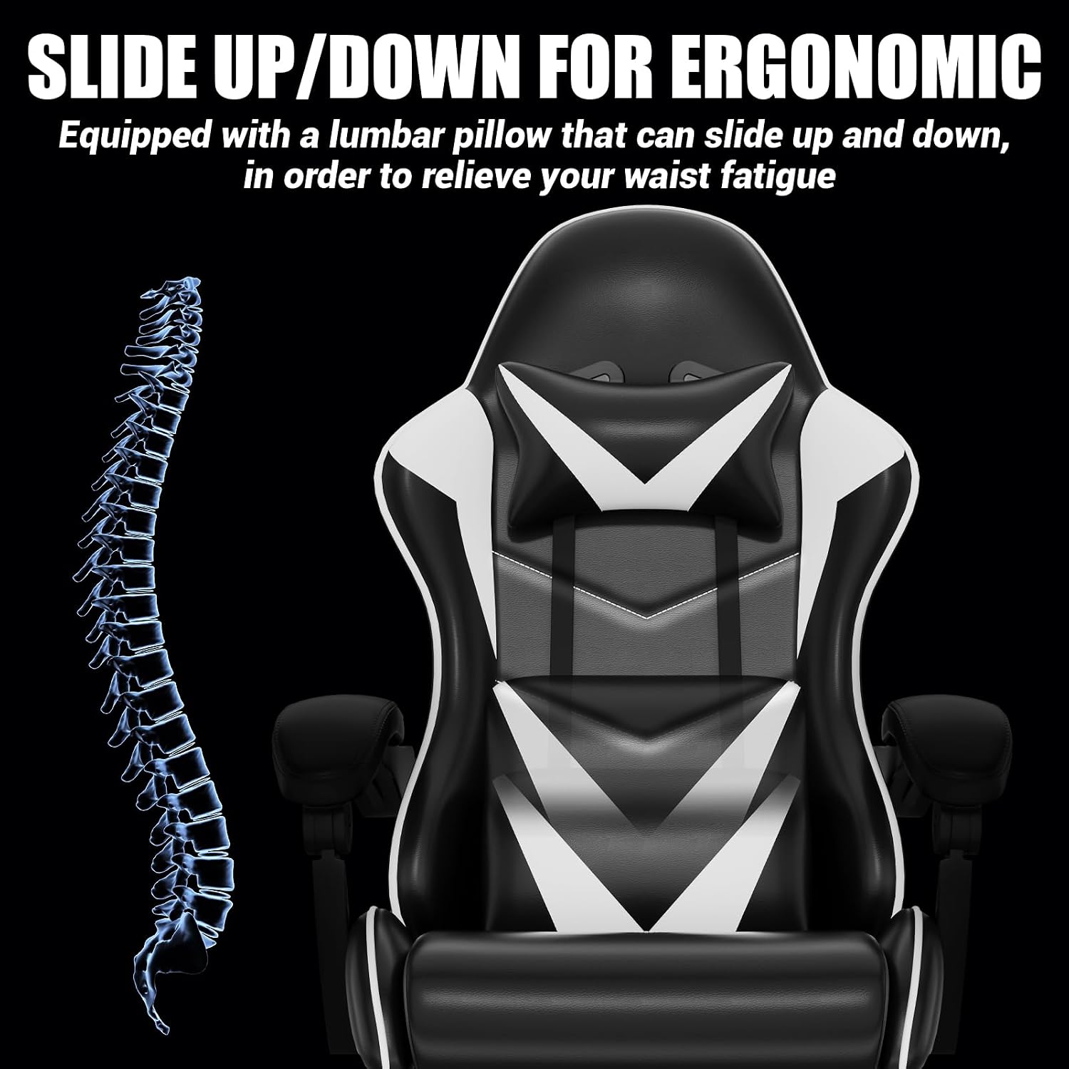 Czlolo Gaming Chair with Footrest, Lumbar Support Massager Video Game Chair with Metal Legs, High Back Reclining Gamer Chair with Headrest, 360° Swivel Office Computer Desk Chair (Snow White)
