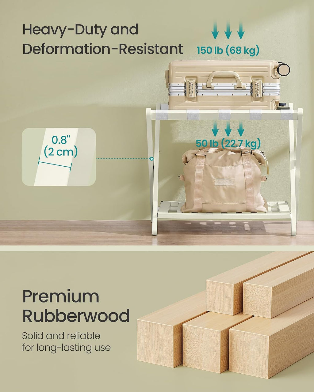 SONGMICS Solid Wood Luggage Rack, No Assembly Required, Foldable Suitcase Stand, Luggage Holder, with Storage Shelf, for Guest Room, Hotel, Bedroom, Cream White URLR020WZ02S