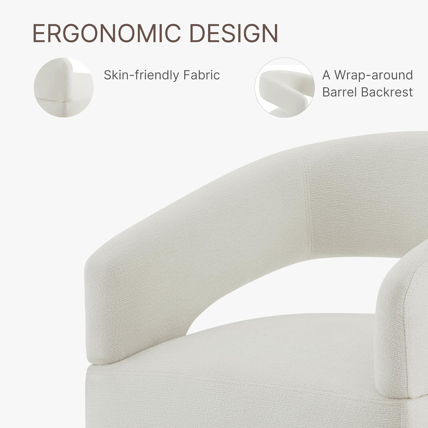 KISLOT Upholstered Dining Chairs Set of 1, Modern Rolling Dining Chairs with Hidden Casters, Arm Kitchen Chairs with Linen Look Fabric, Padded Barrel Chairs for Dining Room, Kitchen, Bedroom, Ivory