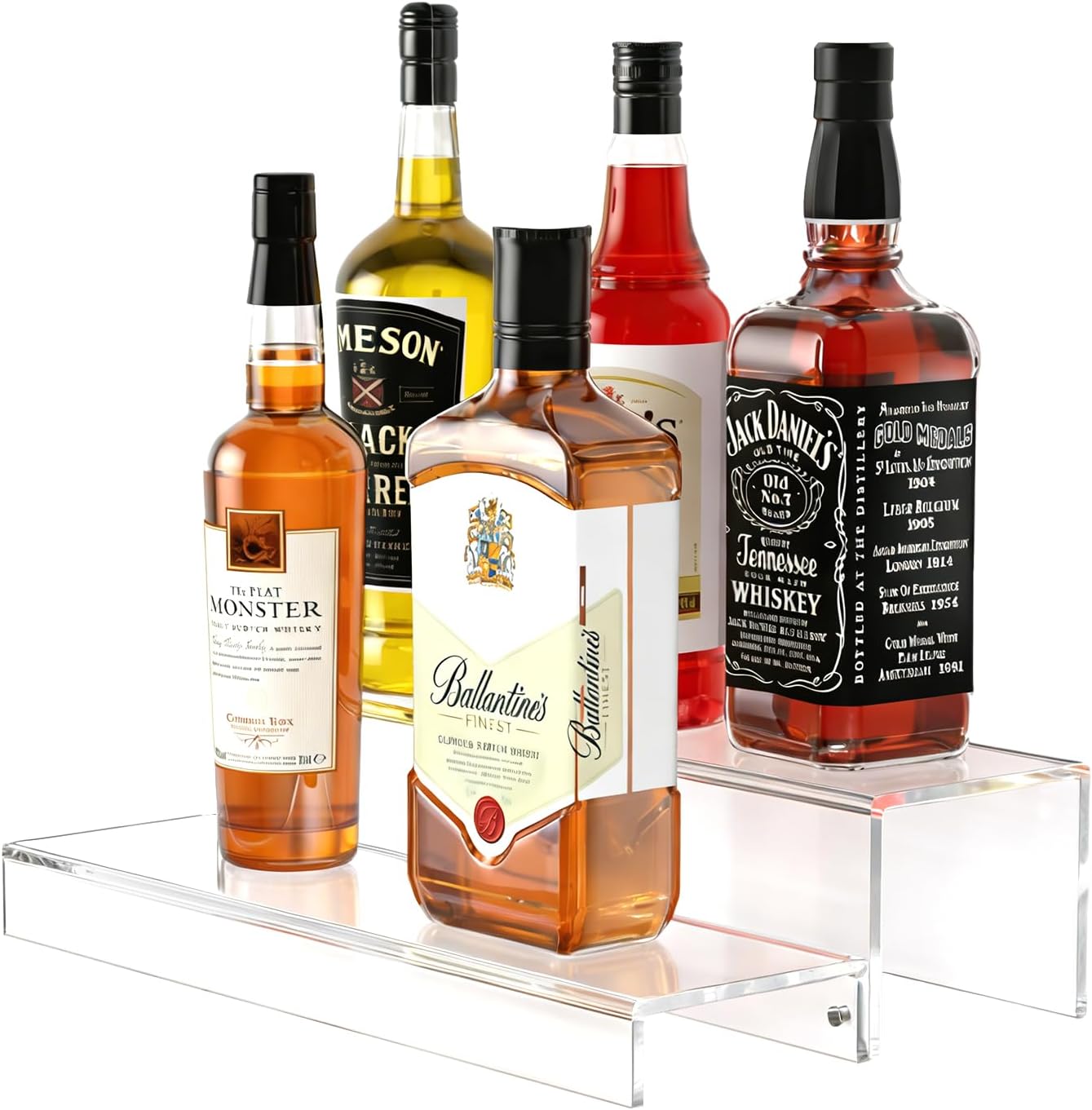 JUESHA 2 Tier Liquor Bottle Display Shelf, 15" Acrylic Bar Shelves Stand for Countertop, Step Alcohol Bottle Organizer for Wine Drinks Whiskey Bar Display (Patent: D1076520s)