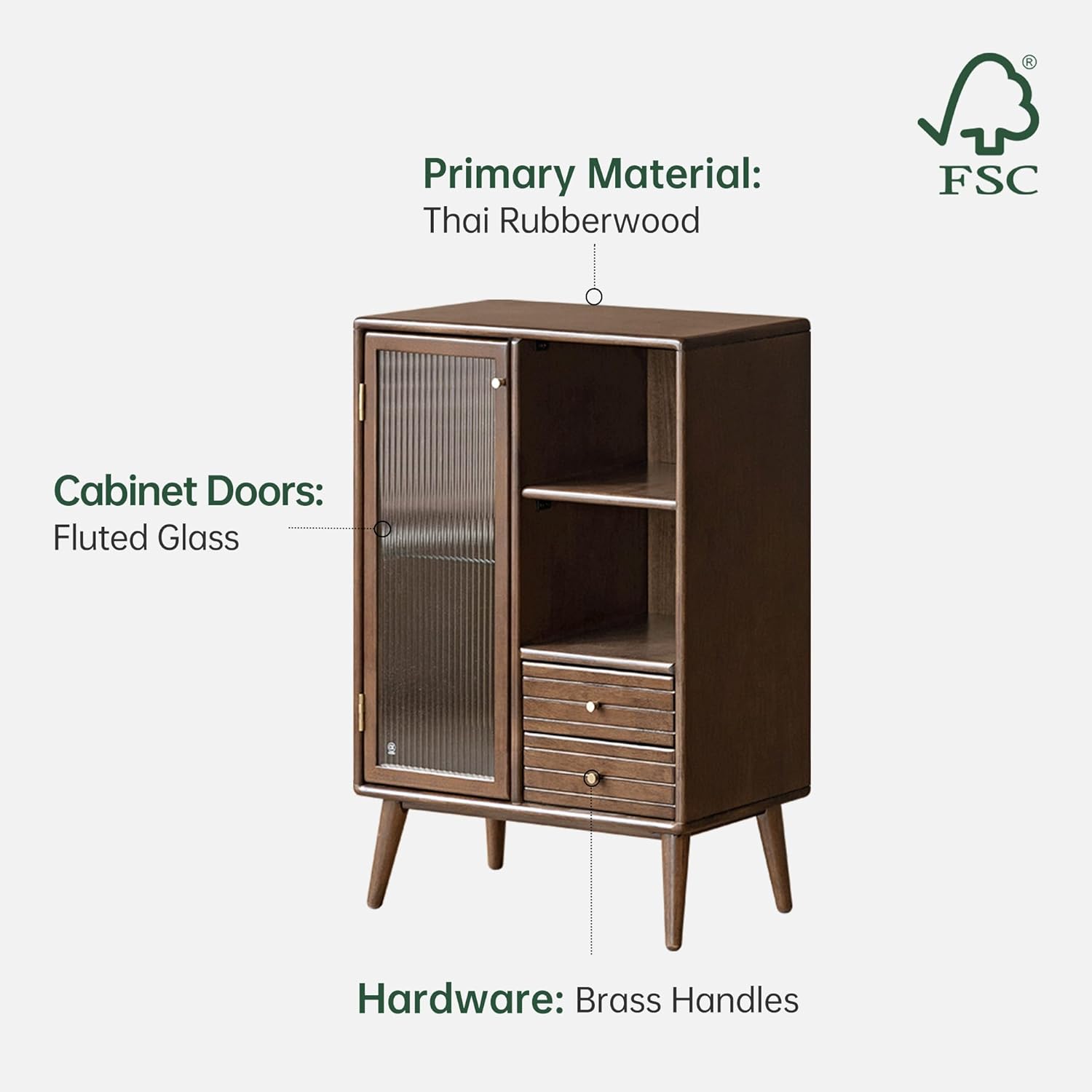 Sideboard Buffet Cabinet with Storage, 100% Solid Rubberwood Wood Coffee Bar with Glass Door & 2 Drawers, Wooden Kitchen Display Cabinet with Adjustable Shelf for Dining Room, Living Room