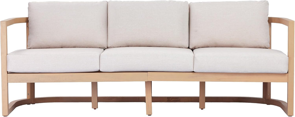 Christopher Knight Home Fido Acacia Wood Outdoor 3 Seater Sofa Cushion, Solid Wood Patio Sofa with Wicker Backrest, Comfy Lounge Sofa for Patio Furniture Set, Light Teak+Beige