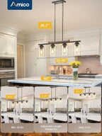 Amico Dining Room Light Fixture 4-Light Kitchen Island Lighting with Adjustable Rods, Farmhouse Decor Black Metal & Wood Chandelier with Seeded Glass Shade, Island Lights for Kitchen