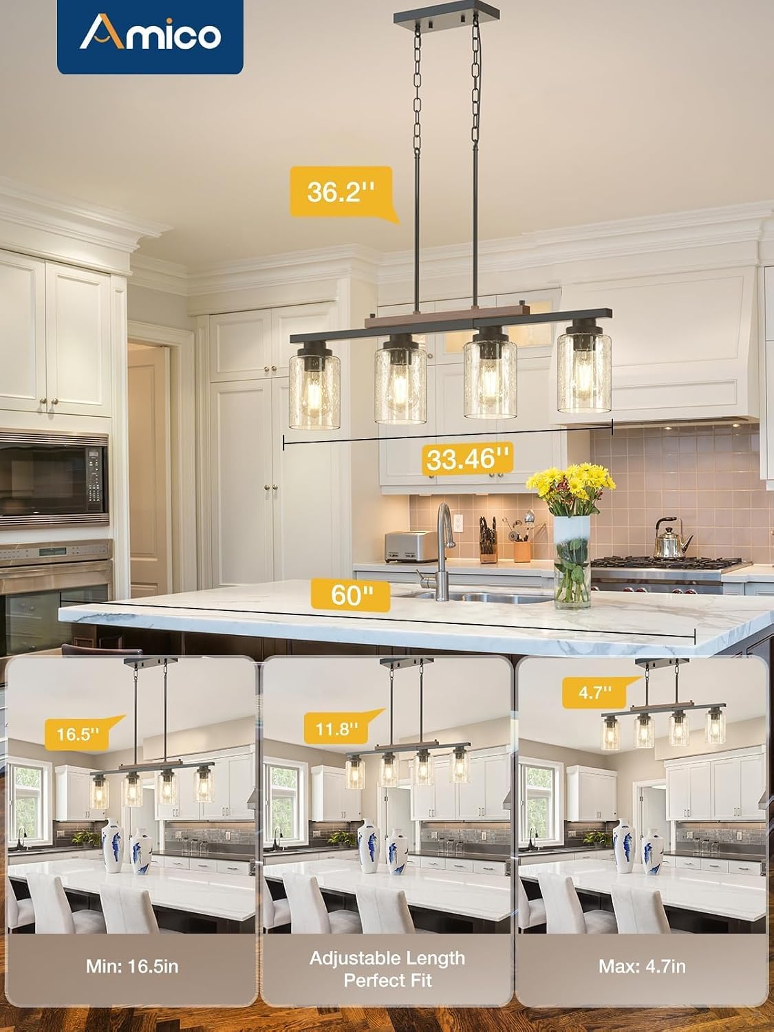 Amico Dining Room Light Fixture 4-Light Kitchen Island Lighting with Adjustable Rods, Farmhouse Decor Black Metal & Wood Chandelier with Seeded Glass Shade, Island Lights for Kitchen