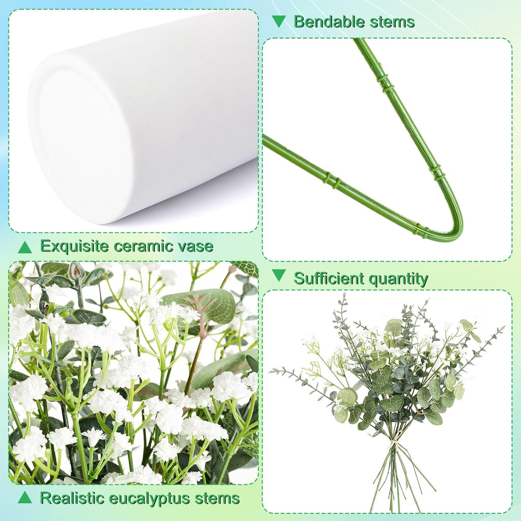 Artificial Flowers in Vase Set, Eucalyptus Stems and Baby’s Breath Bundle, Fake Plants Floral Arrangement with Ceramic Vase for Table Centerpiece Home Décor