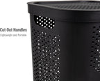 Mind Reader Slim Laundry Hamper with Lid, 60L Clothes Basket, Ventilated Plastic, Black